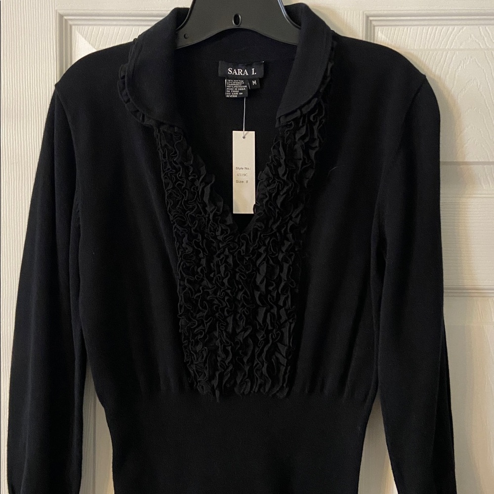 Sara L Black Mid Sleeve Top with Ruffle Detail size M brand new length 27” - Picture 2 of 8
